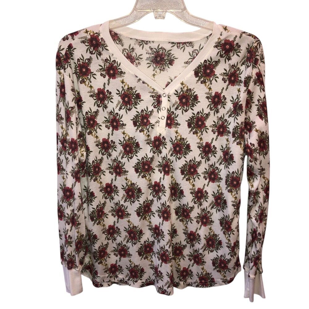 Bobbie Brooks Womens Size 2X White Floral Henley Waffle Weave Y2K Shirt Top Tee